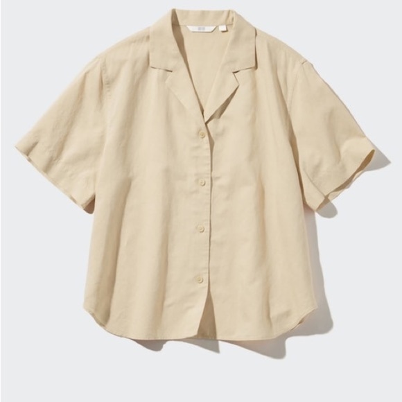Uniqlo Tops - Uniqlo Linen Blend Cream‎ Short Sleeve Oversized Relaxed Shirt- size S